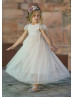 Cap Sleeve Ivory Lace Tulle Keyhole Back Flower Girl Dress